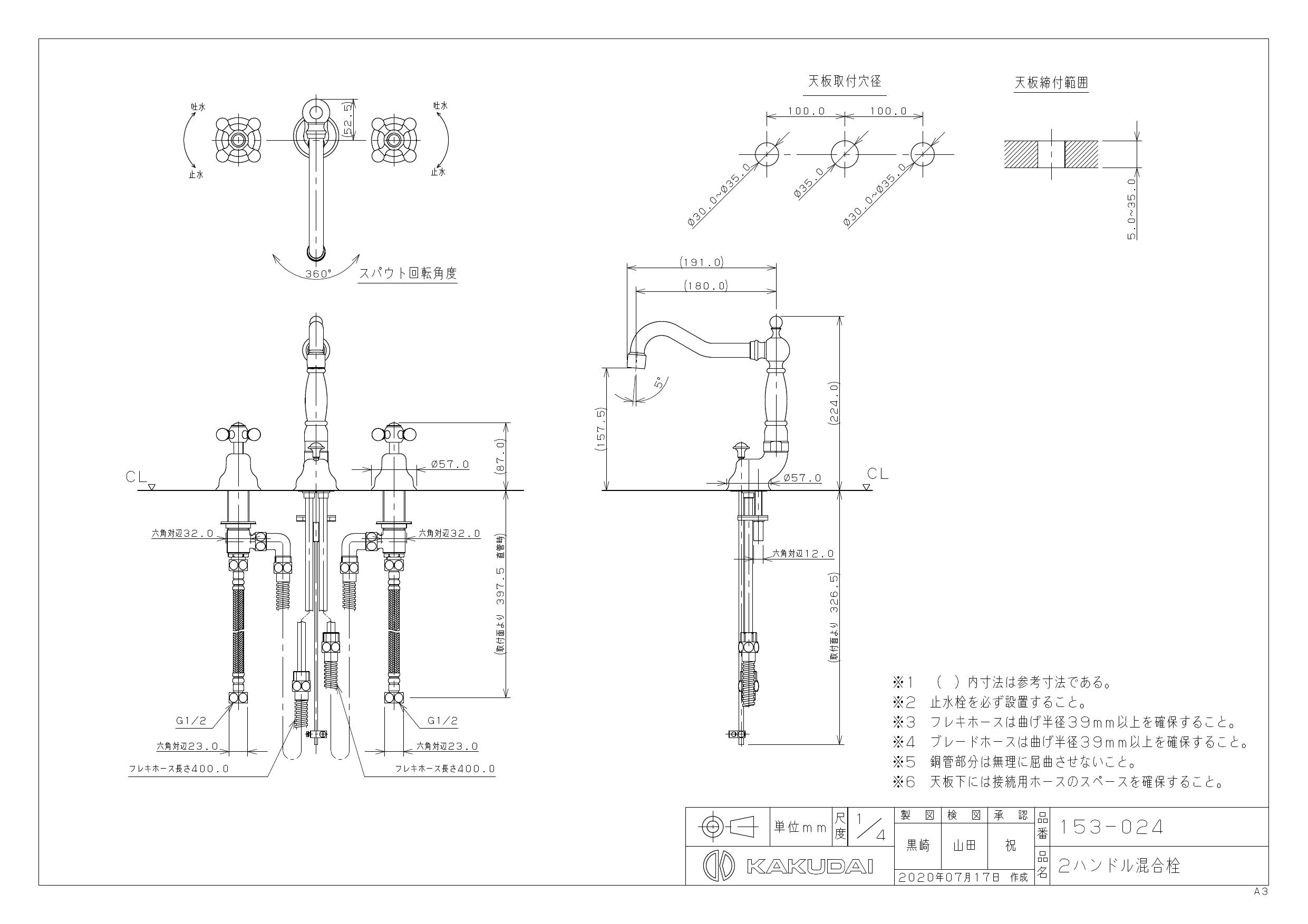 KAKUDAI カクダイ  壁付2ハンドル混合栓ブラス 125-002-AB - 3