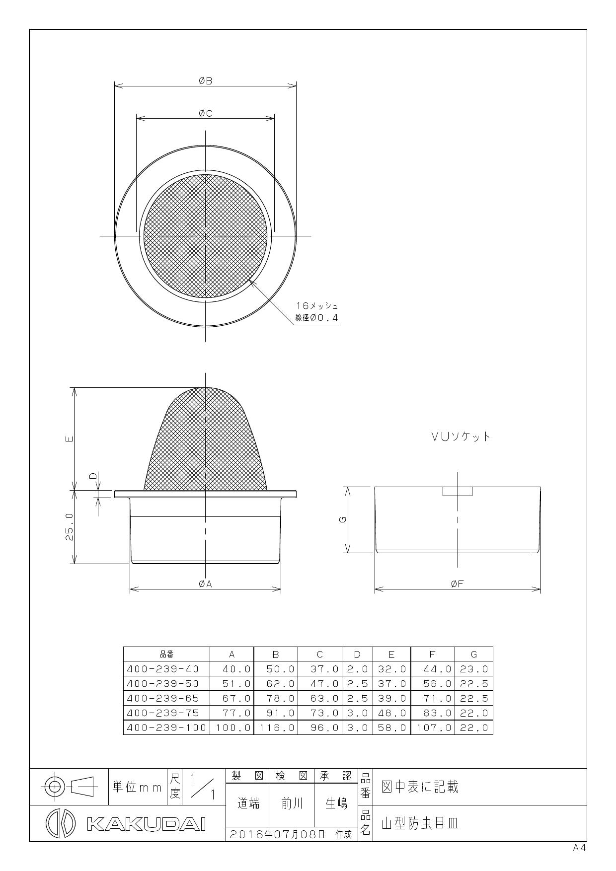 ＶＰ・ＶＵ兼用山形防虫目皿 ４００−２３９−７５【カクダイ