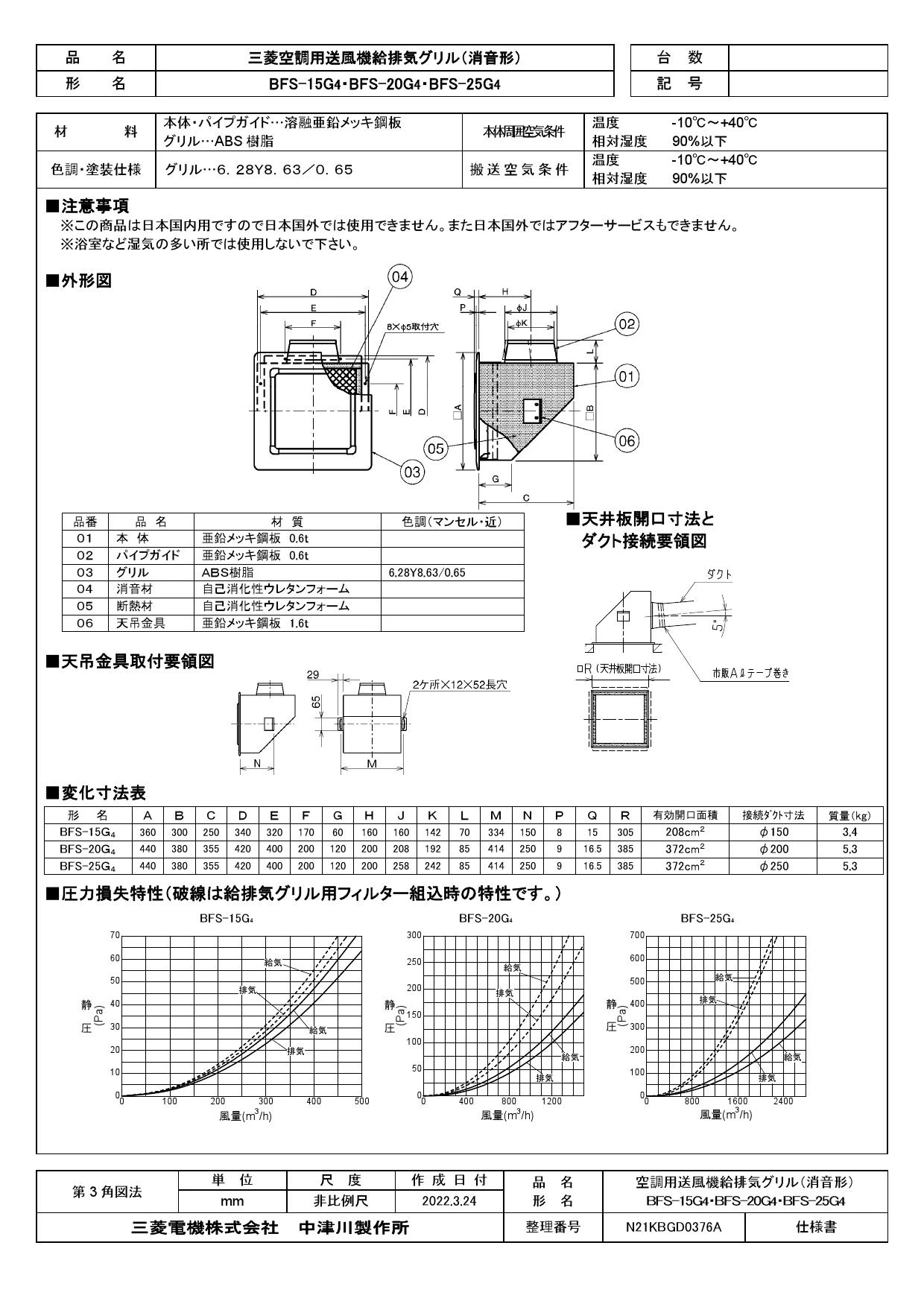 三菱電機 BFS-15G4 取扱説明書 施工説明書 納入仕様図|三菱電機 産業用送風機システム部材 給排気グリルの通販はプロストア ダイレクト