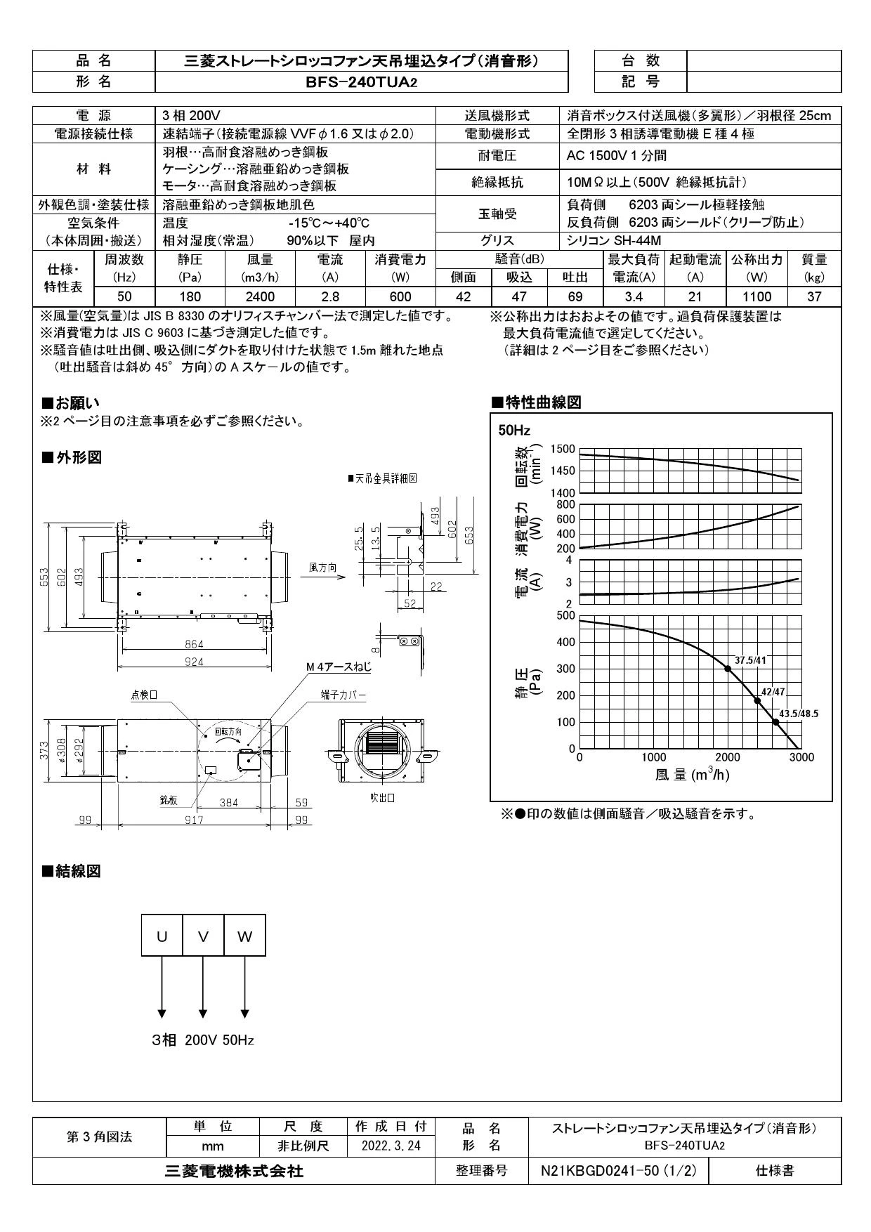 三菱電機 BFS-240TUA2 取扱説明書 施工説明書 納入仕様図|三菱電機 ストレートシロッコファンの通販はプロストア ダイレクト