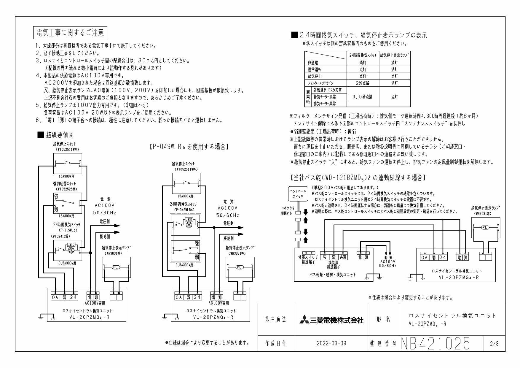 ○VL-20PZMG4-R / 三菱電機 ロスナイ セントラル換気システム / 薄型