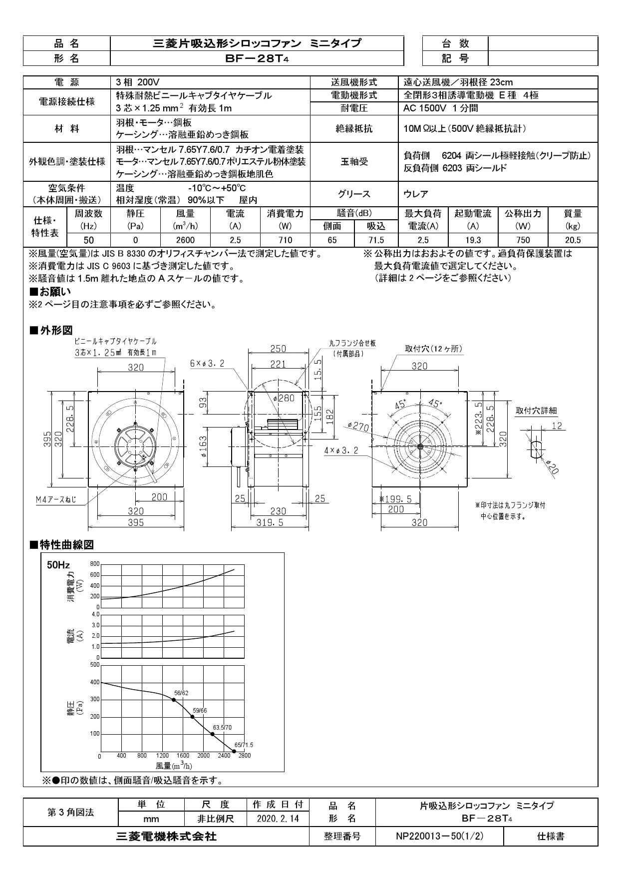 三菱電機 BF-28T4 取扱説明書 納入仕様図|三菱電機 片吸込形シロッコファンの通販はプロストア ダイレクト