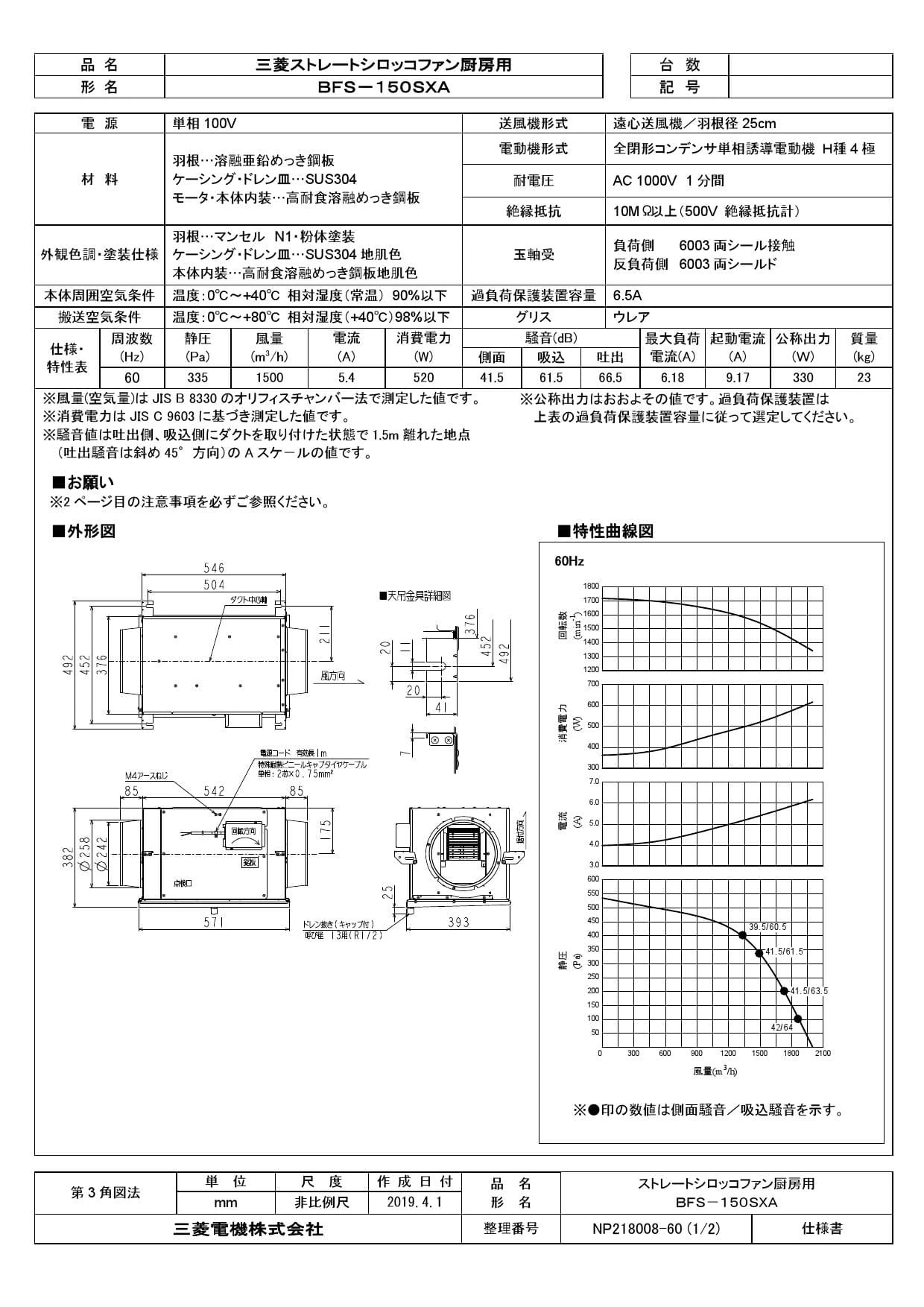 三菱電機 BFS-150SXA 取扱説明書 施工説明書 納入仕様図|三菱電機 ストレートシロッコファンの通販はプロストア ダイレクト