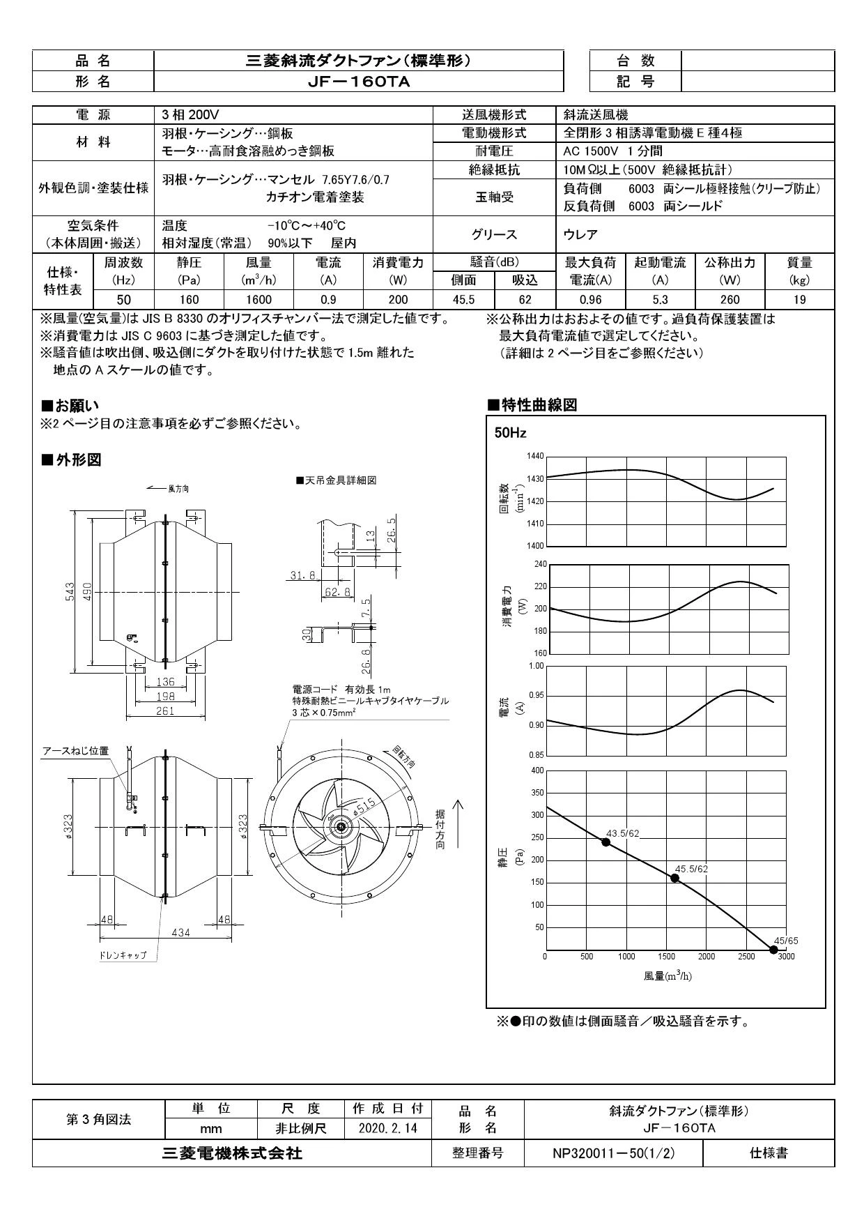 三菱電機 JF-160TA 取扱説明書 施工説明書 納入仕様図|三菱電機 斜流ダクトファンの通販はプロストア ダイレクト