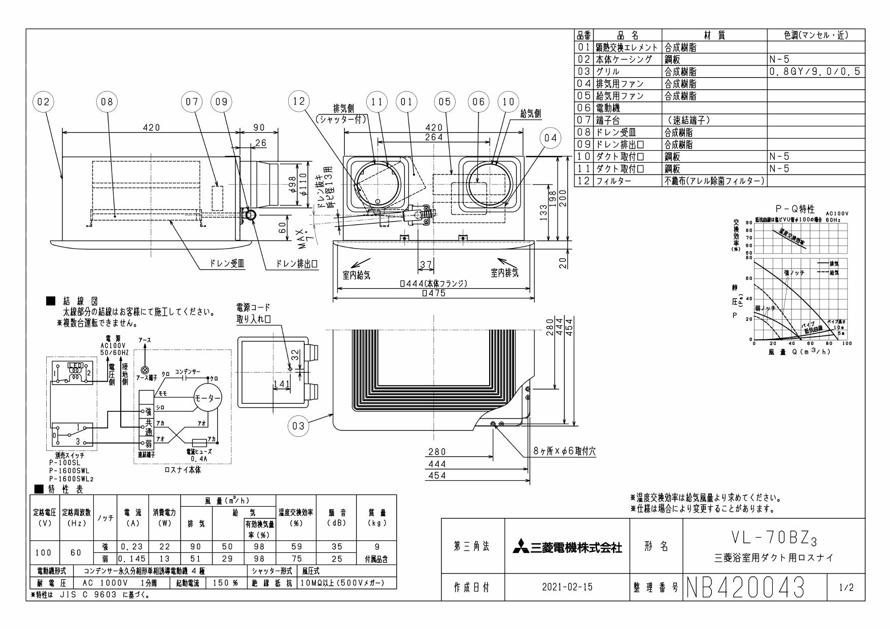 三菱電機 天井埋込形 浴室用ダクト用ロスナイ フラット格子グリル VL