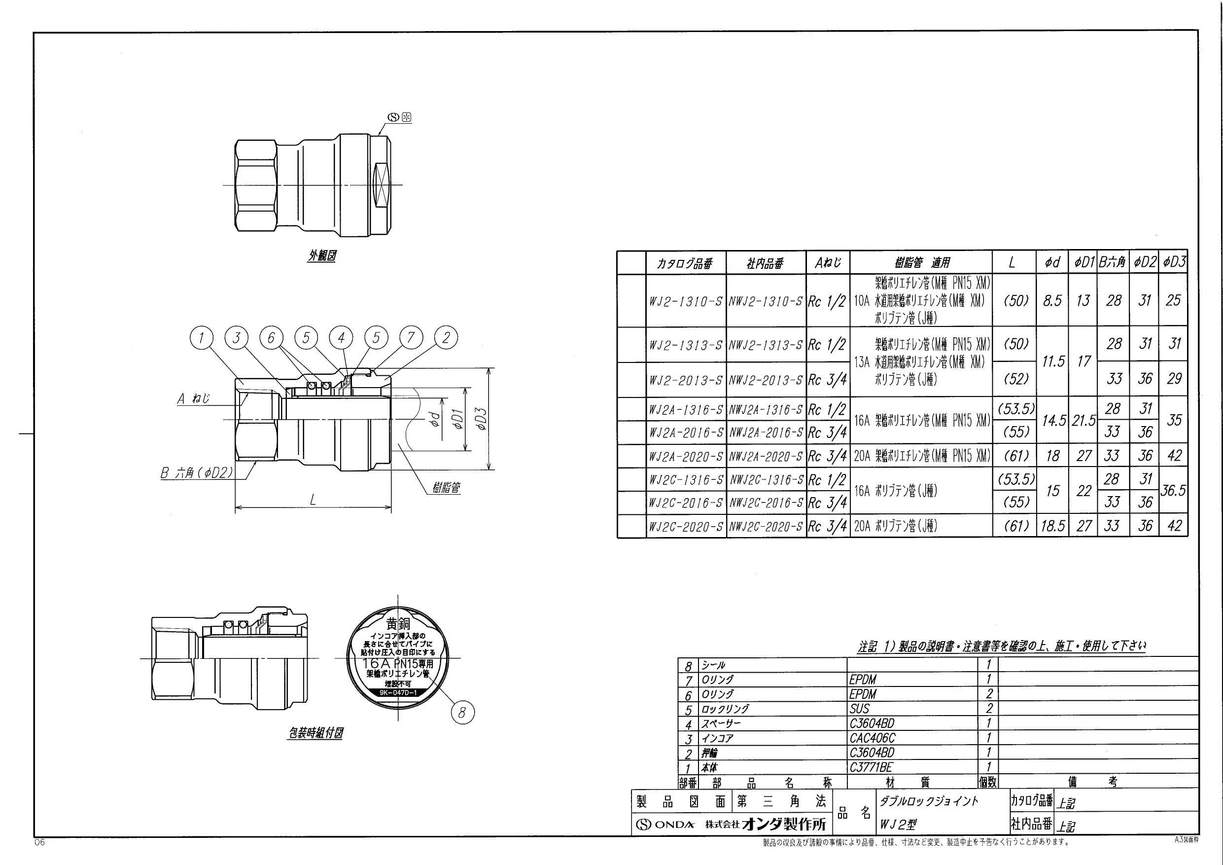 オンダ製作所 WJ2-1313-S 商品図面|ダブルロックジョイント WJ型(ストレート)の通販はプロストア ダイレクト