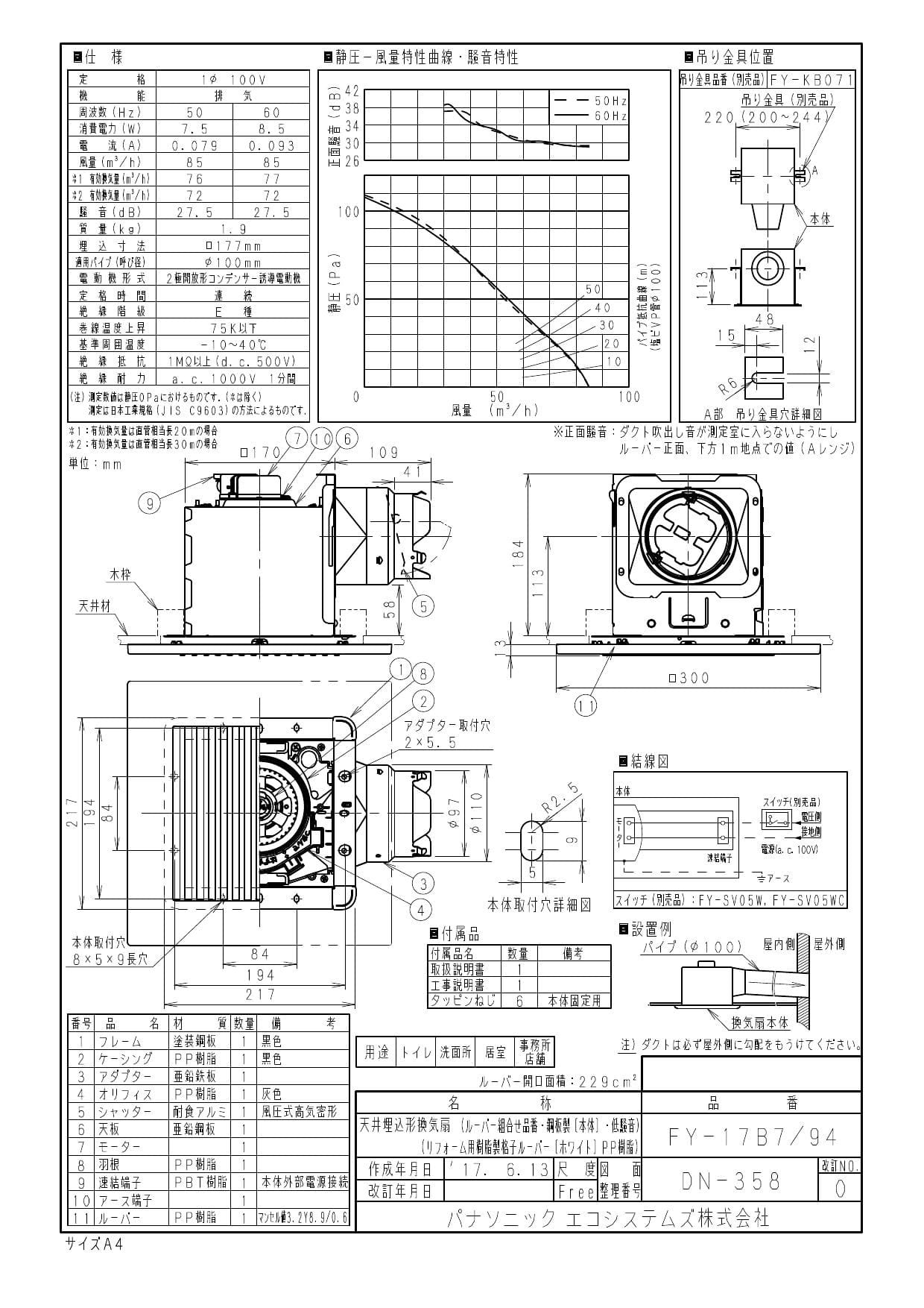 パナソニック FY-17B7/94取扱説明書 商品図面 施工説明書 | 通販 プロストア ダイレクト